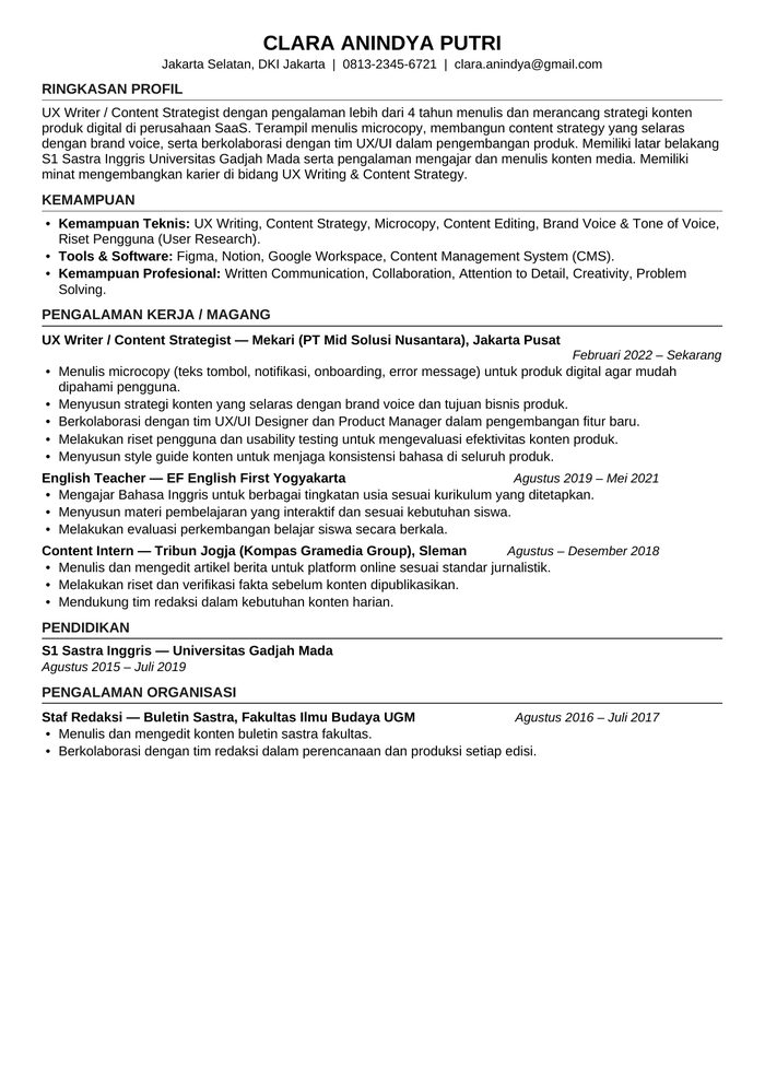 CV Clara setelah diservis
