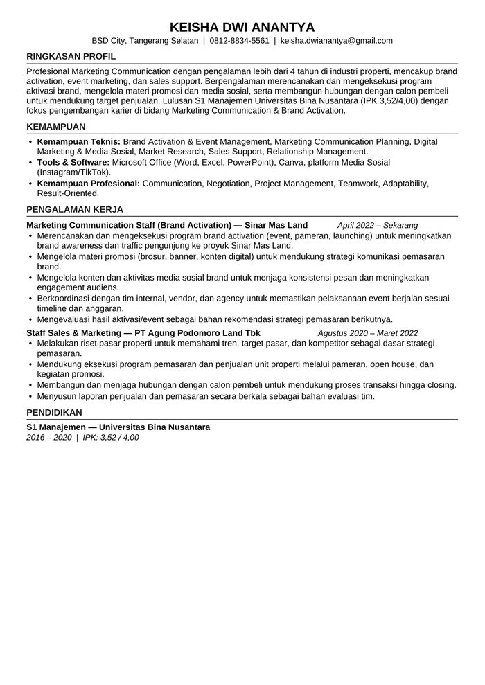 CV Keisha setelah diservis